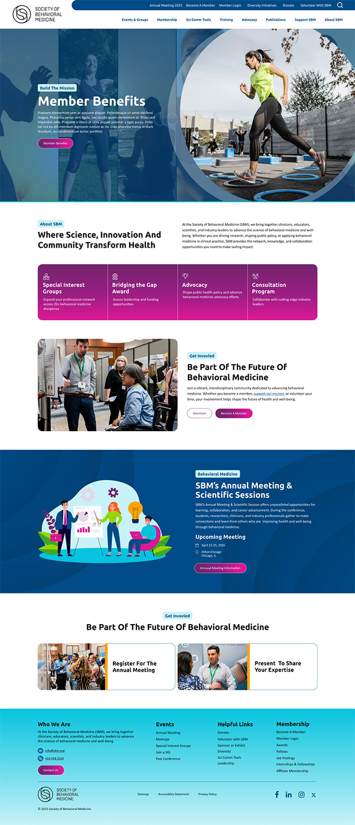 SBM's website homepage design, featuring prominent CTAs, vibrant colors, and vector artwork