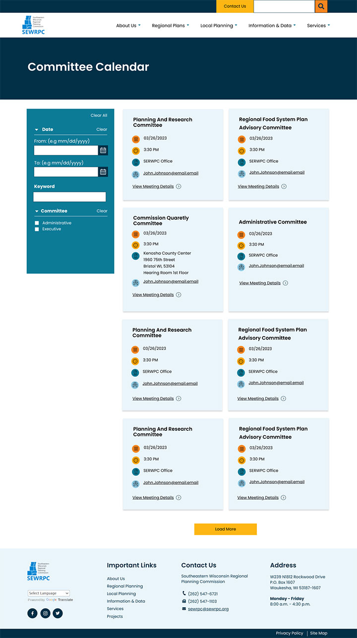 Desktop mockup of SEWRPC site’s redesigned Committee Calendar page, highlighting use of iconography and color blocks to present content in a digestible manner..