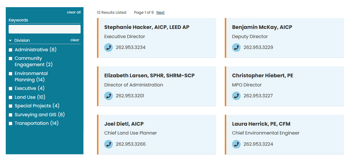 Design mockup detail of a filtering page for the SEWRPC website, highlighting color blocks, dividers, and iconography.