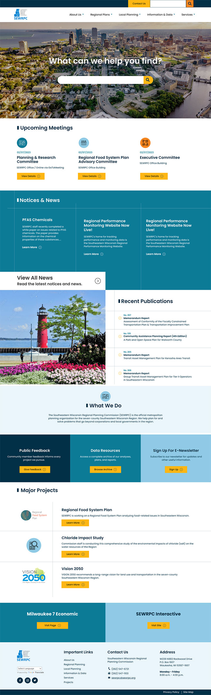 Desktop mockup of SEWRPC site’s redesigned homepage layout, showing navigation and featured content areas.