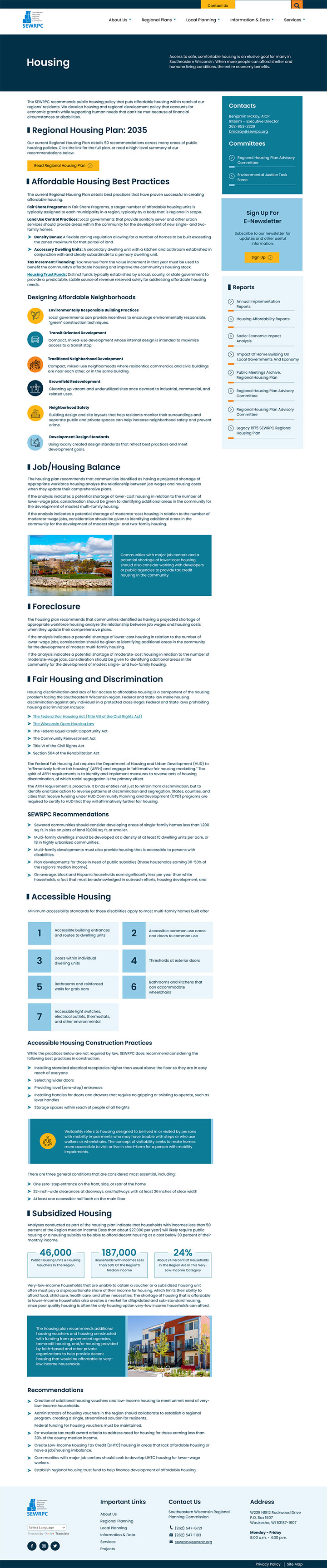 Desktop mockup of SEWRPC site’s redesigned Housing page layout, showing scannable, easily digested content.