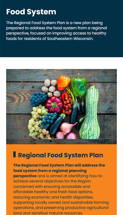 Mobile view mockup of the redesigned SEWRPC site, highlighting responsive, uncluttered design.