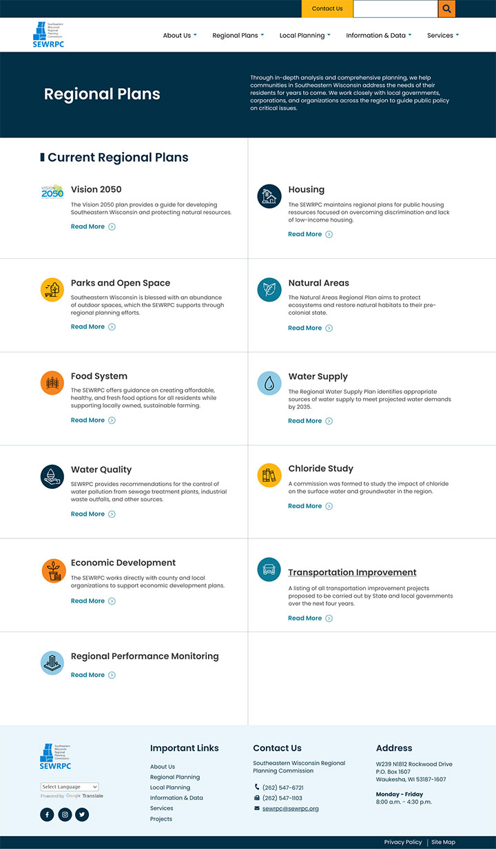 Desktop mockup of SEWRPC site’s redesigned Regional Plans page, showcasing accessible design with clear headings, subheadings, and bullet points that break up large blocks of text.