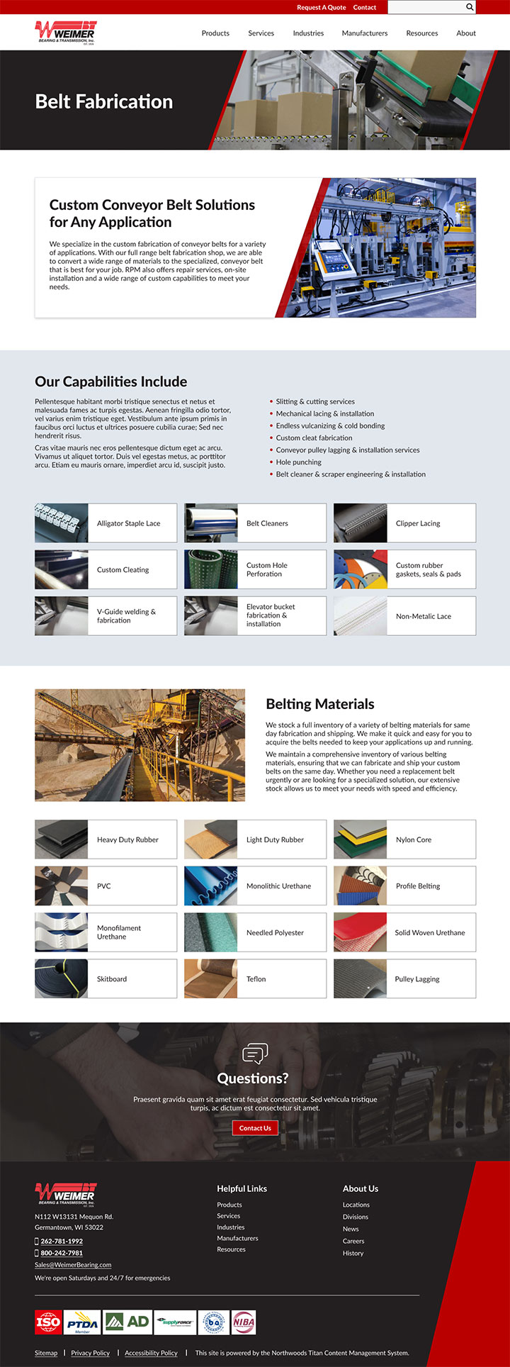 Weimer Bearing's redesigned Belt Fabrication page, showcasing newly optimized content and a modern design.
