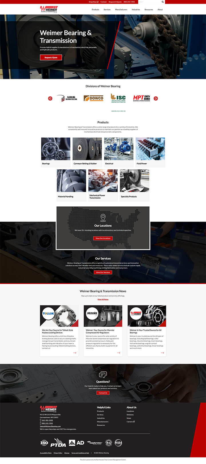 Weimer Bearing's redesigned homepage, highlighting a cohesive design for multiple divisions of the company.