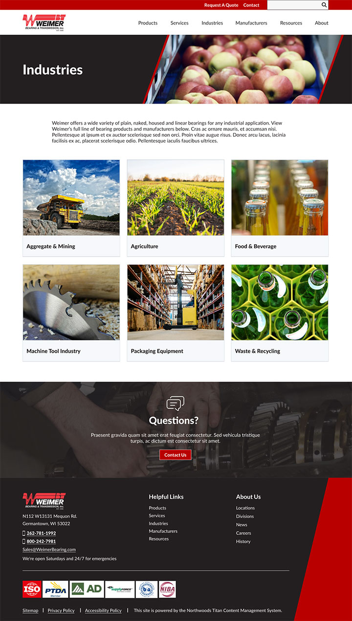 Weimer Bearing's redesigned Industries page, highlighting industries served and a modern design.