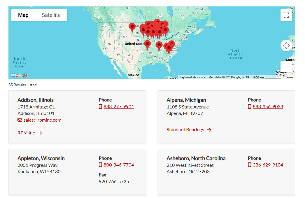 A detail of the Weimer Bearing locations page with an interactive map and location contact information.