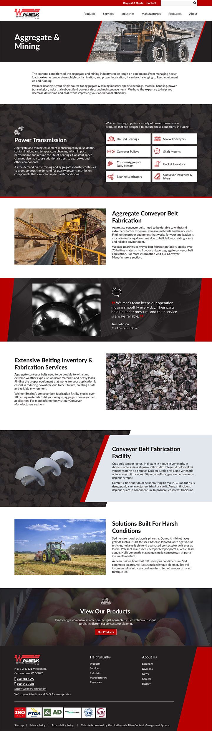 Weimer Bearing's redesigned website, Aggregate & Mining industry detail page.