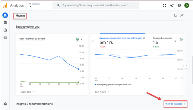 The View all insights option in GA4