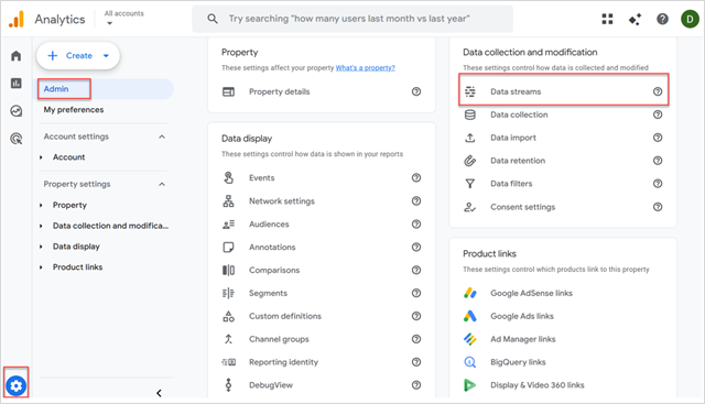 Where to click on Data Streams in the GA4 interface
