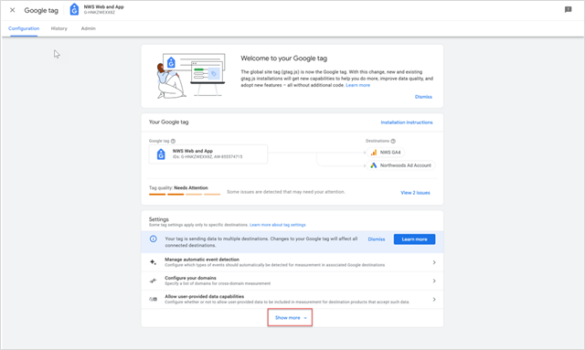 Google tag Settings page in GA4.