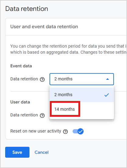 A user and event data retention screen in GA4