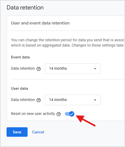 The user and event data retention screen in GA4