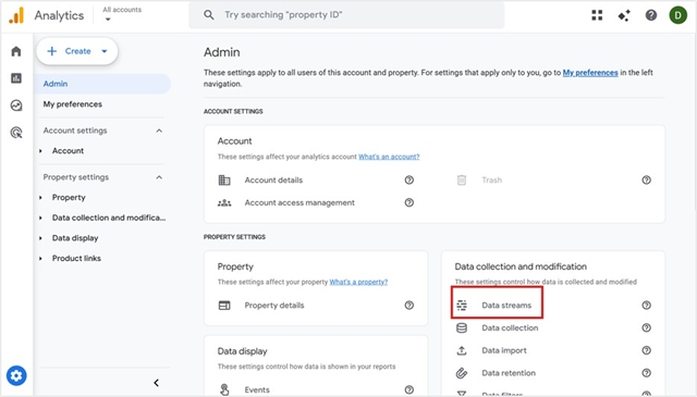 Where to access Data Streams in GA4