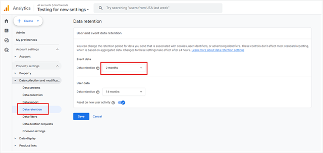 The Data Retention option in the GA4 interface