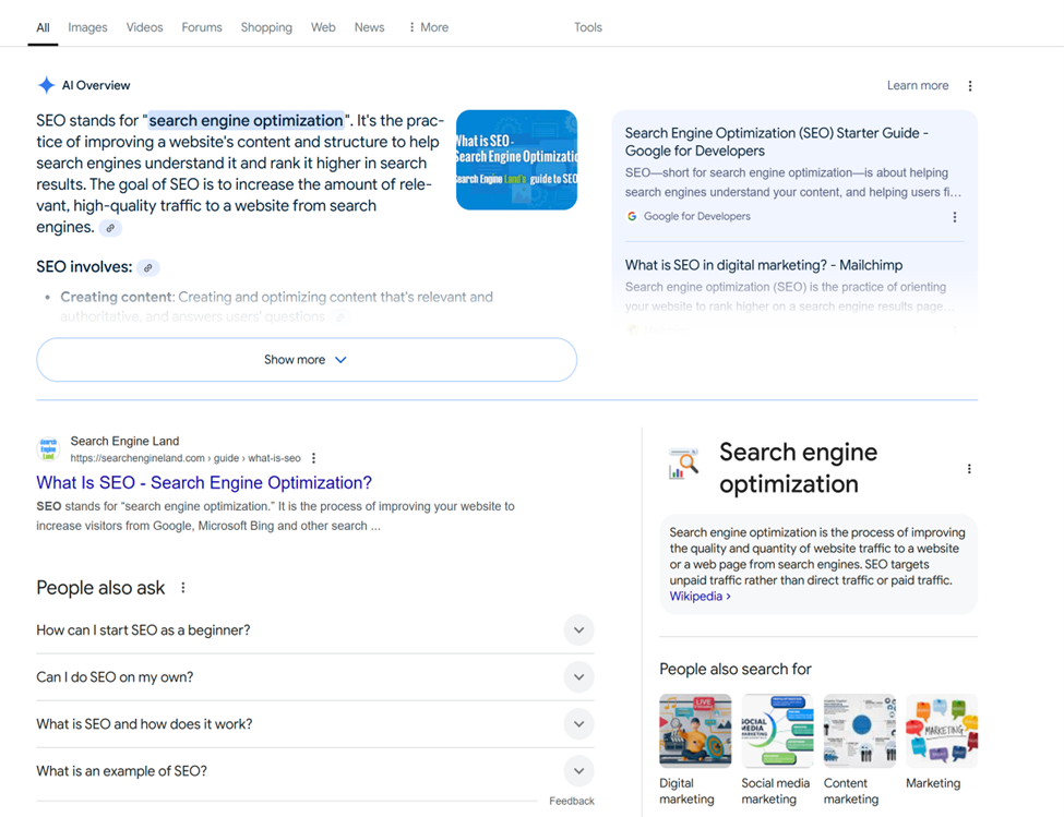 An image of a Search Engine Results Page (SERP) that contain AI results.