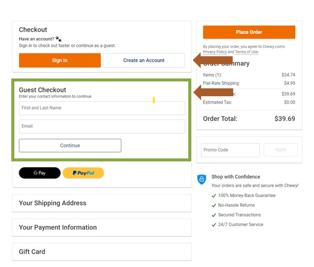An image of Chewy's website checkout panel
