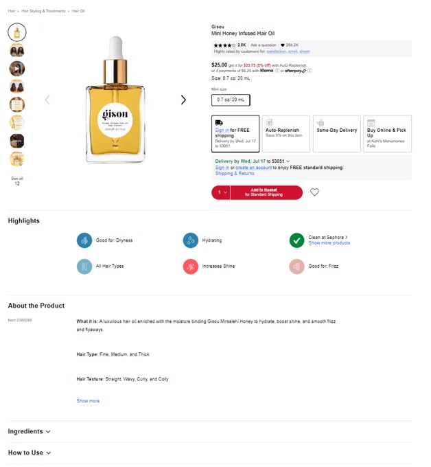 An image from Sephora's website showing a product description