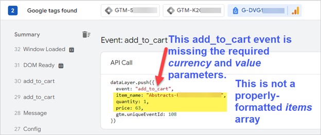 An image showing the add_to_cart event is missing the required currentcy and value parameters.